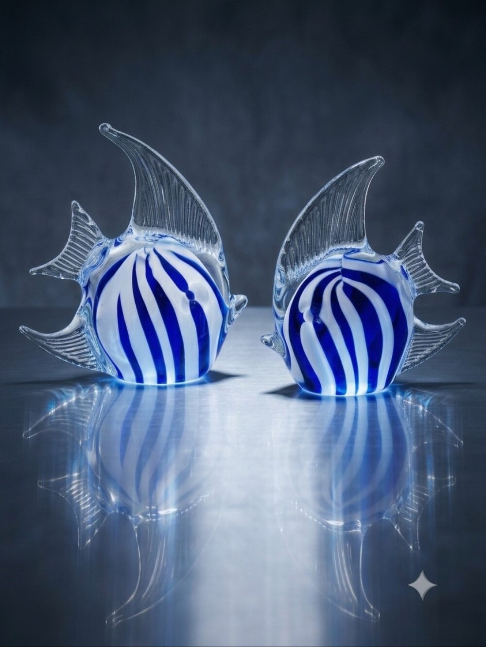 Dynasty Gallery Angel Fish Glass Paperweights Clear White Blue Striped